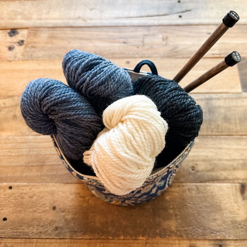 The Tiny Tucker knitting project bag by Atenti Bags holds white and blue yarn and knitting needles