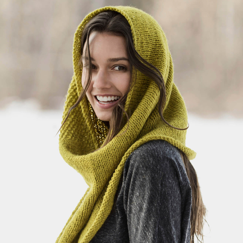 Trimont Snood worn hooded, showcasing soft texture and effortless everyday style