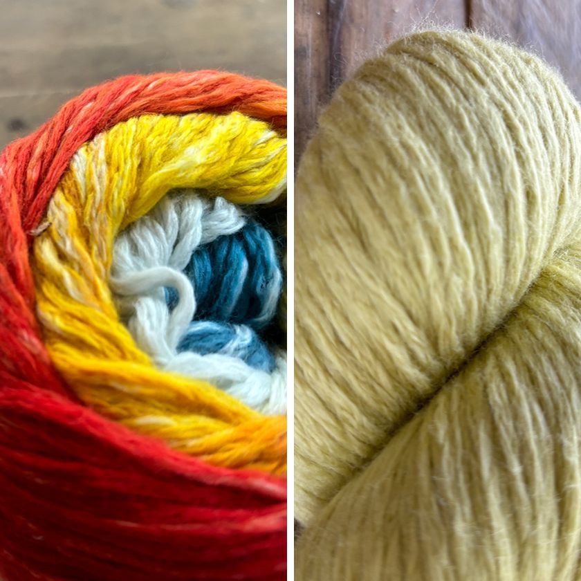 Two skeins of yarn, one multicolored called Tropical Island and one Citron, on a wooden surface.