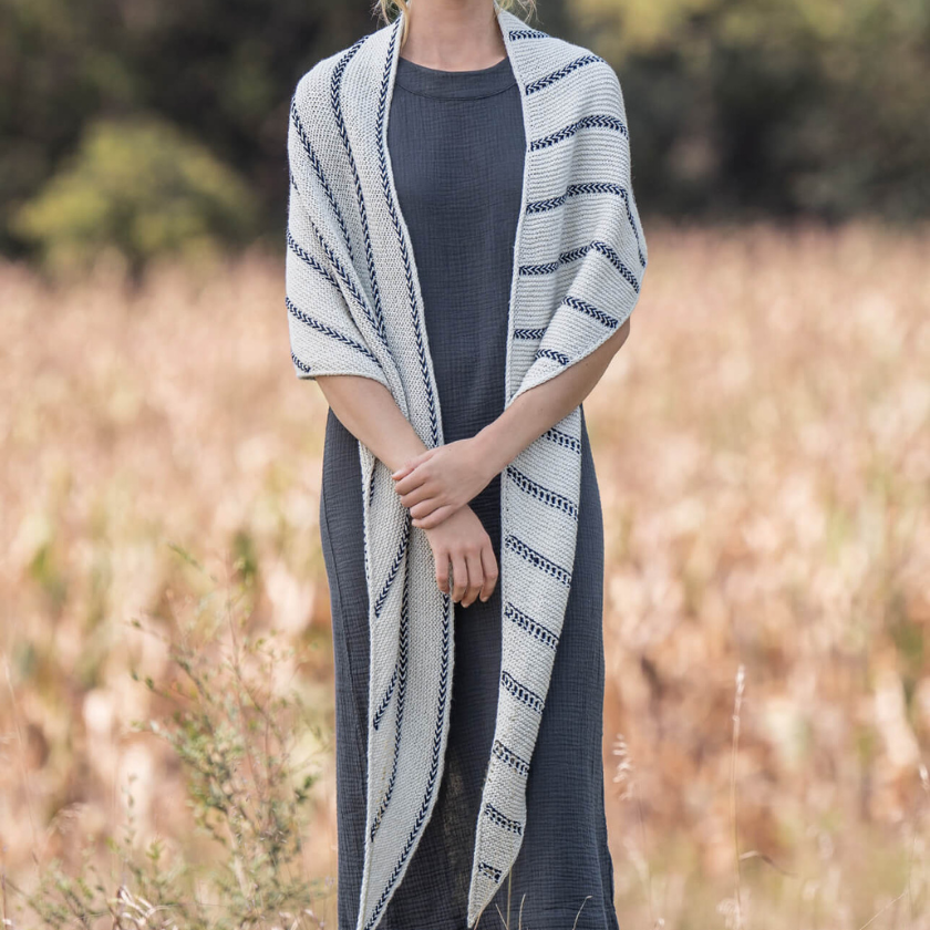 vineyard haven shawl front view showing full length of this lightweight cotton knit shawl with stripes