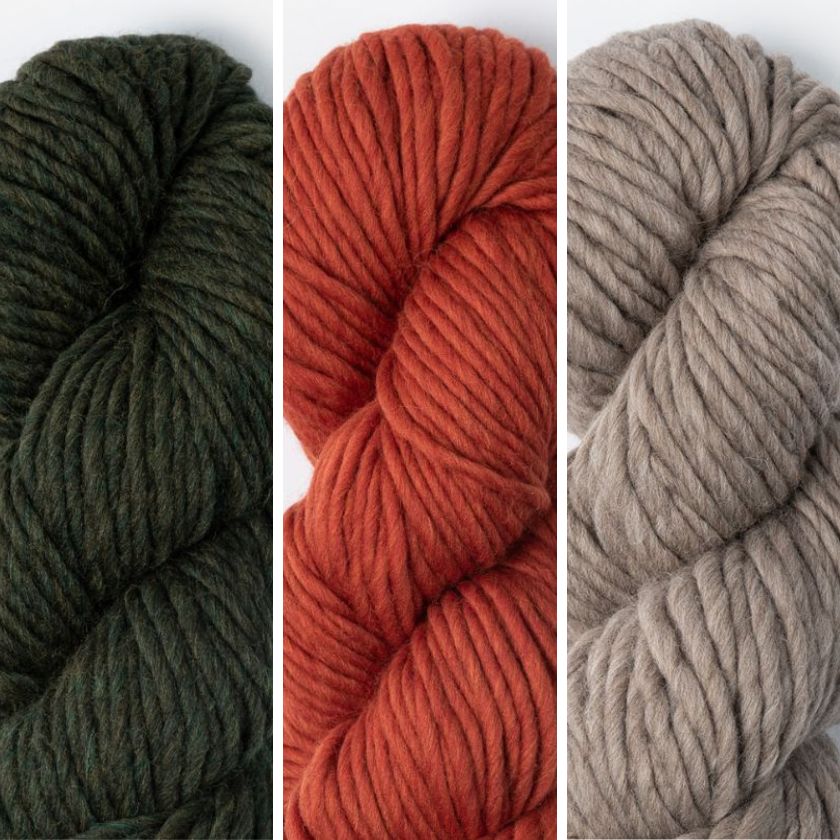 Three skeins of yarn in Rusted Roof, Gravel Road, and Wild Thyme on a white background
