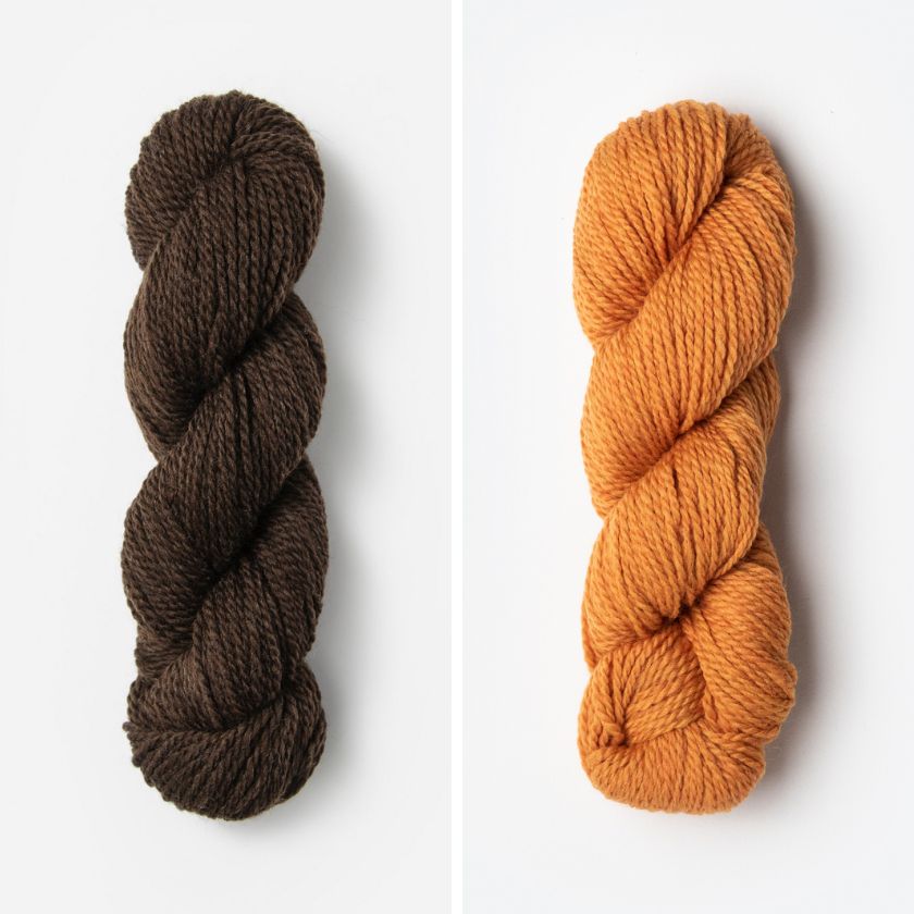 Two skeins of Woolstok Worsted yarn in the colors Dark Chocolate and Ember Glow