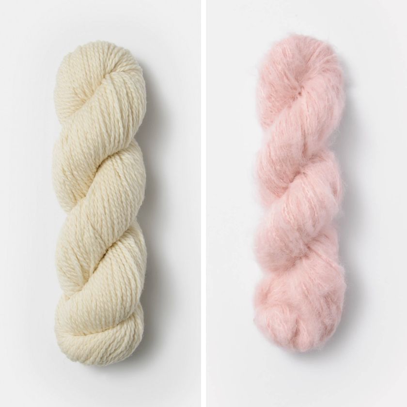 Two skeins of yarn for the Castle Rock Cowl, one Highland Fleexe and one Pink Lemonade, on a white background.
