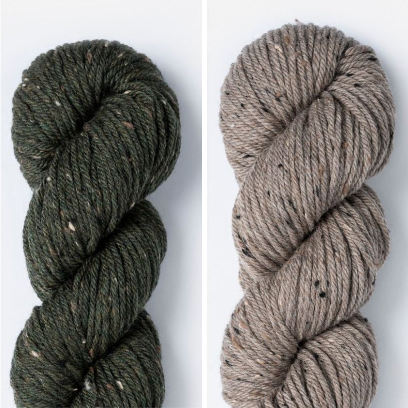Kelso Wrap Kit color combo featuring Olive Branch and Wild Mushroom in Woolstok Tweed (Aran).