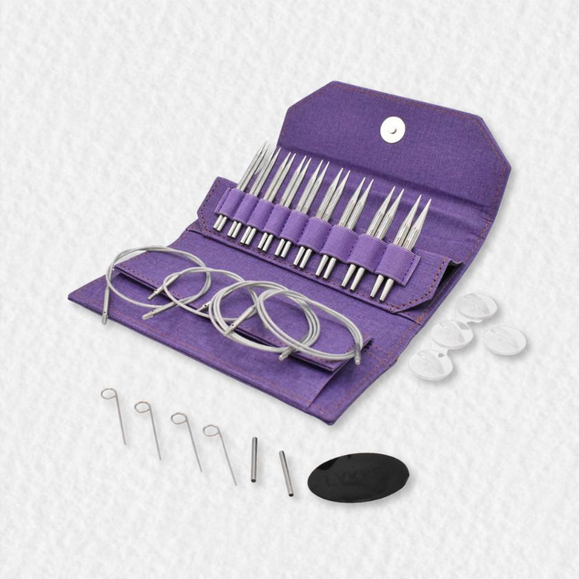 Set of Lykke Flight knitting needles in a purple case on a white background