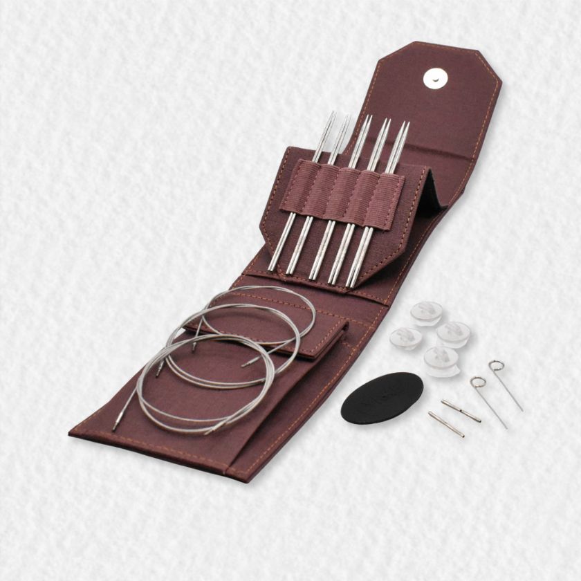 Mini set of Lykke Flight knitting needles in a maroon case on a white background