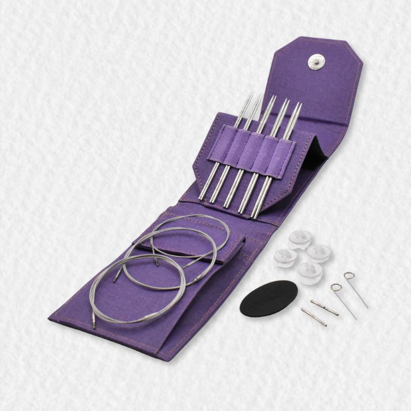 Mini set of Lykke Flight knitting needles in a purple case on a white background