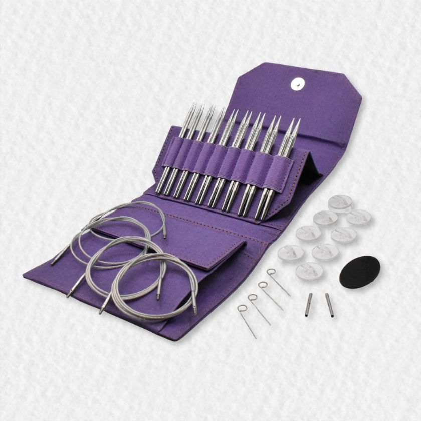 Set of Lykke Flight knitting needles in a purple case on a white background