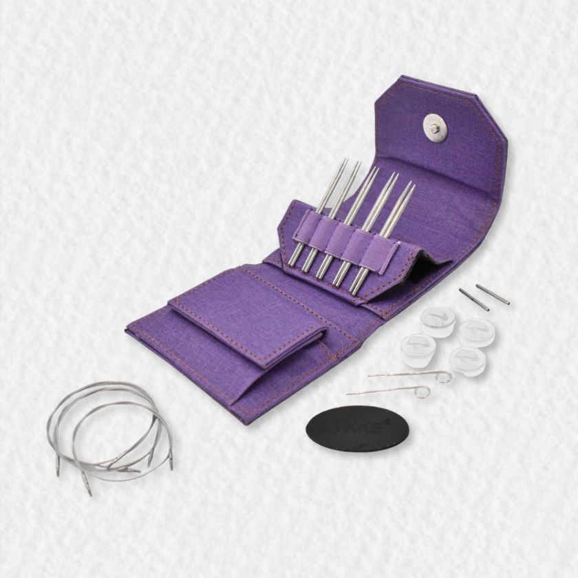 Mini set of Lykke Flight knitting needles in a purple case on a white background