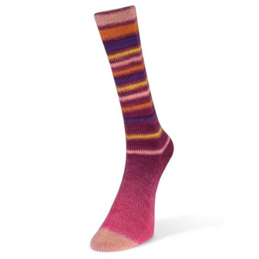 Colorful Laines du Nord Infinity striped fuchsia sock on a white background