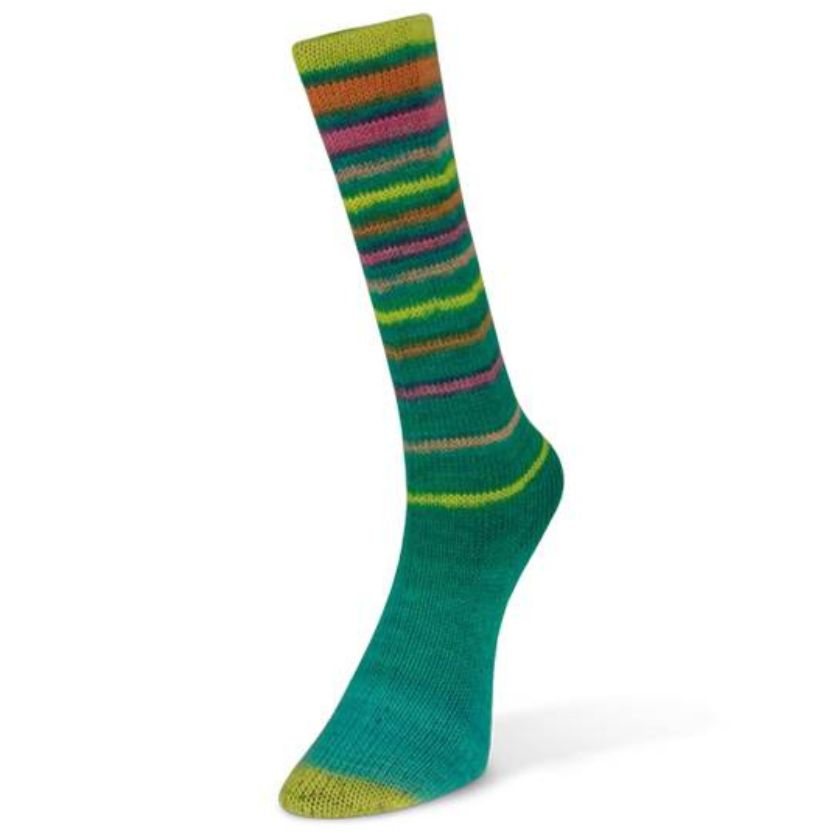 Colorful Laines du Nord Infinity striped green sock on a white background