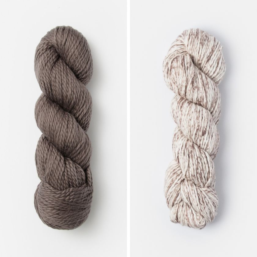Plum Dusk and Cottonwood yarn for the Worthington Wrap from The Dizzy Knitter