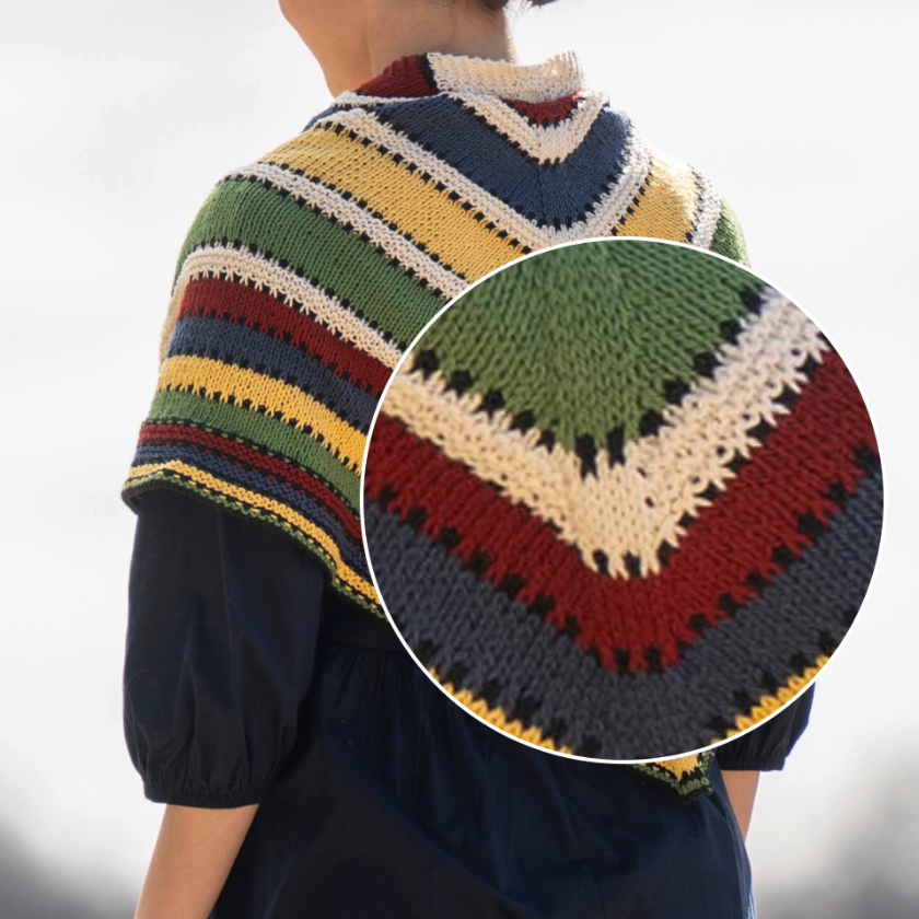 Back view of the Camp Ivanhoe Shawl Kit with a close-up detail of the striped stitch pattern in Blue Sky Fibers Organic Cotton Sport.