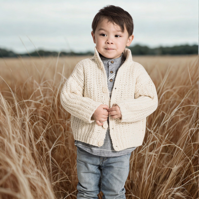toddler boy wearing cream knit cardigan cookies and cream cardi front view worsted weight sweater