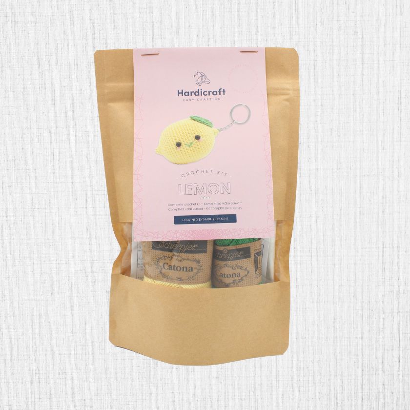 Packaged 'Hardicraft' Lemon keychain crochet kit on a light background