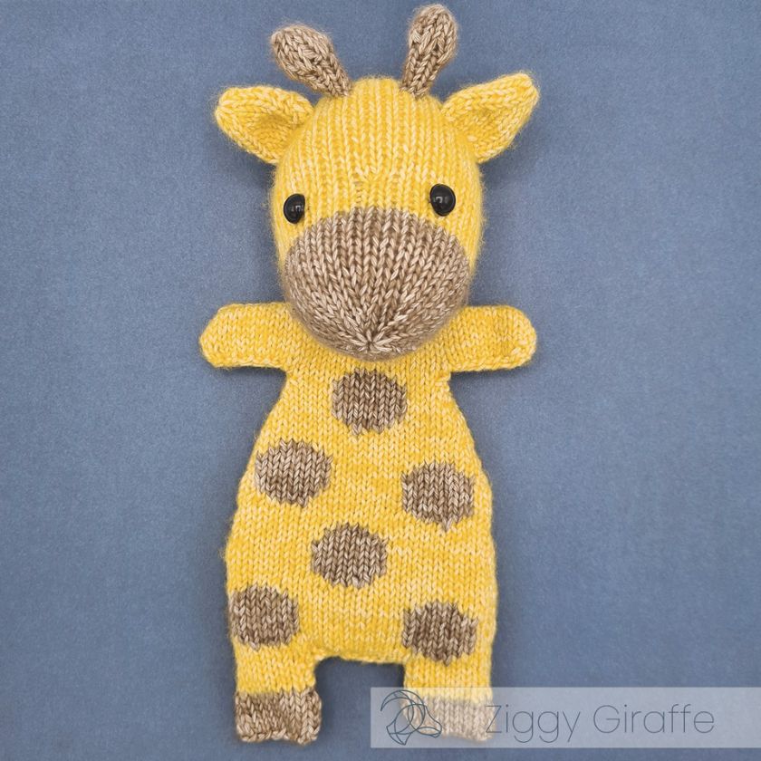 Knitted giraffe toy by Amigurumi on a blue background with 'Ziggy Giraffe' branding.