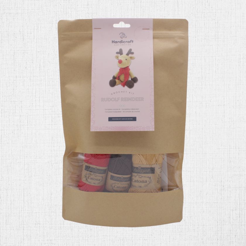 Packaged 'Hardicraft' Rudolf Reindeer crochet kit on a light background