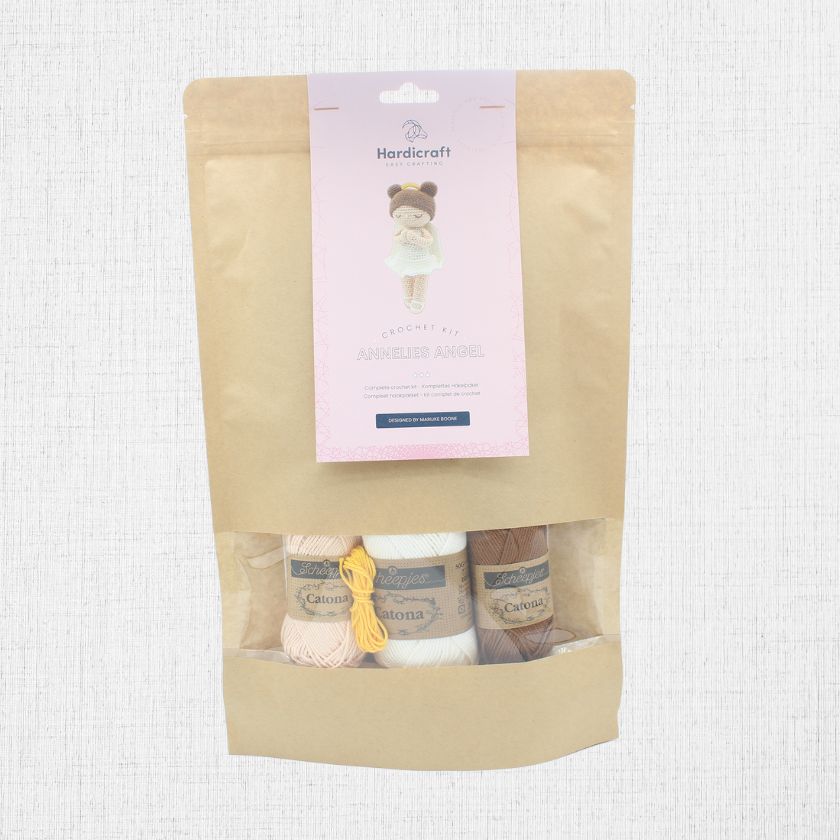 Packaged 'Hardicraft' Annelies Angel crochet kit on a light background