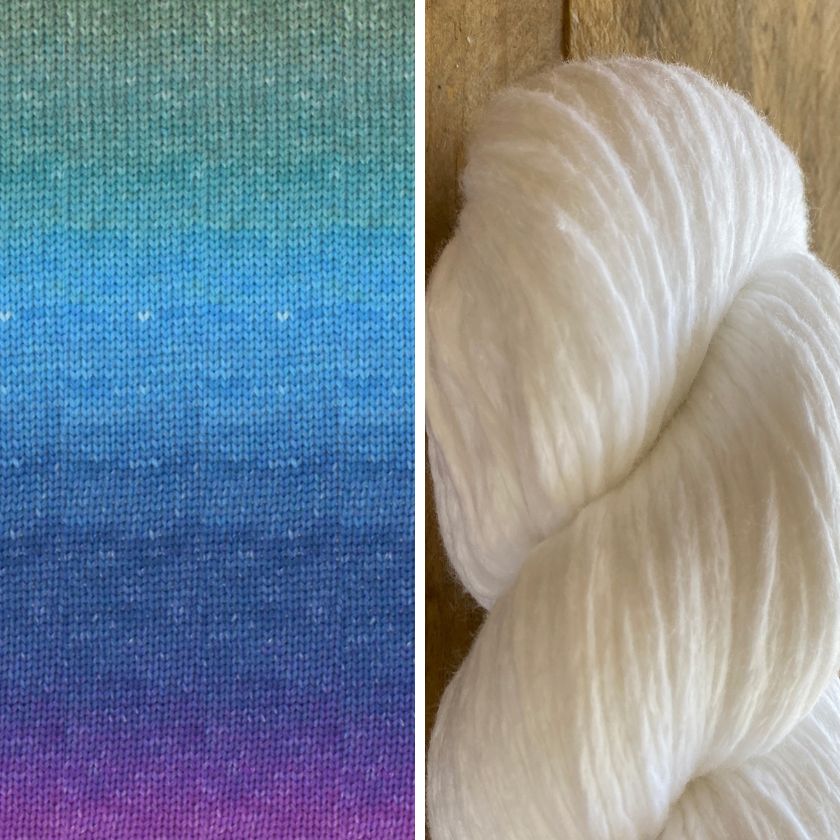 Gradient fabric swatch transitioning from blue to purple on the left, and a ball of white yarn on a wooden surface on the right.