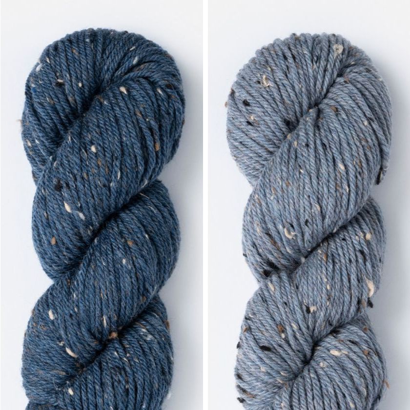 Kelso Wrap Kit color combo featuring Blue Lichen and Prairie Sky in Woolstok Tweed (Aran).