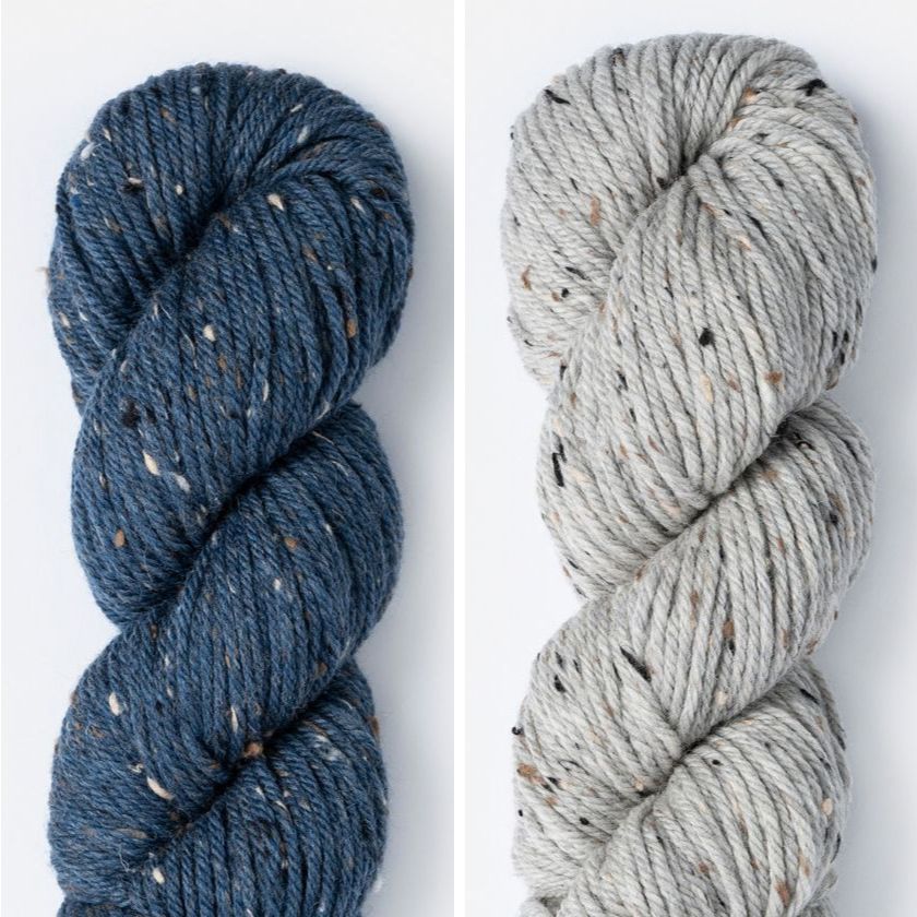Kelso Wrap Kit color combo featuring Blue Lichen and Silver Birch in Woolstok Tweed (Aran).