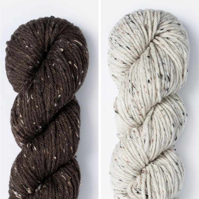 Kelso Wrap Kit color combo featuring Deep Earth and Rolled Oats in Woolstok Tweed (Aran).