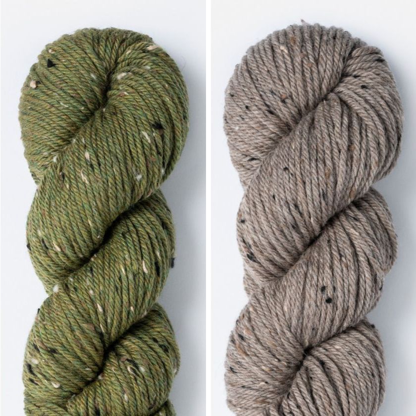 Kelso Wrap Kit color combo featuring Fern Frond and Wild Mushroom in Woolstok Tweed (Aran).