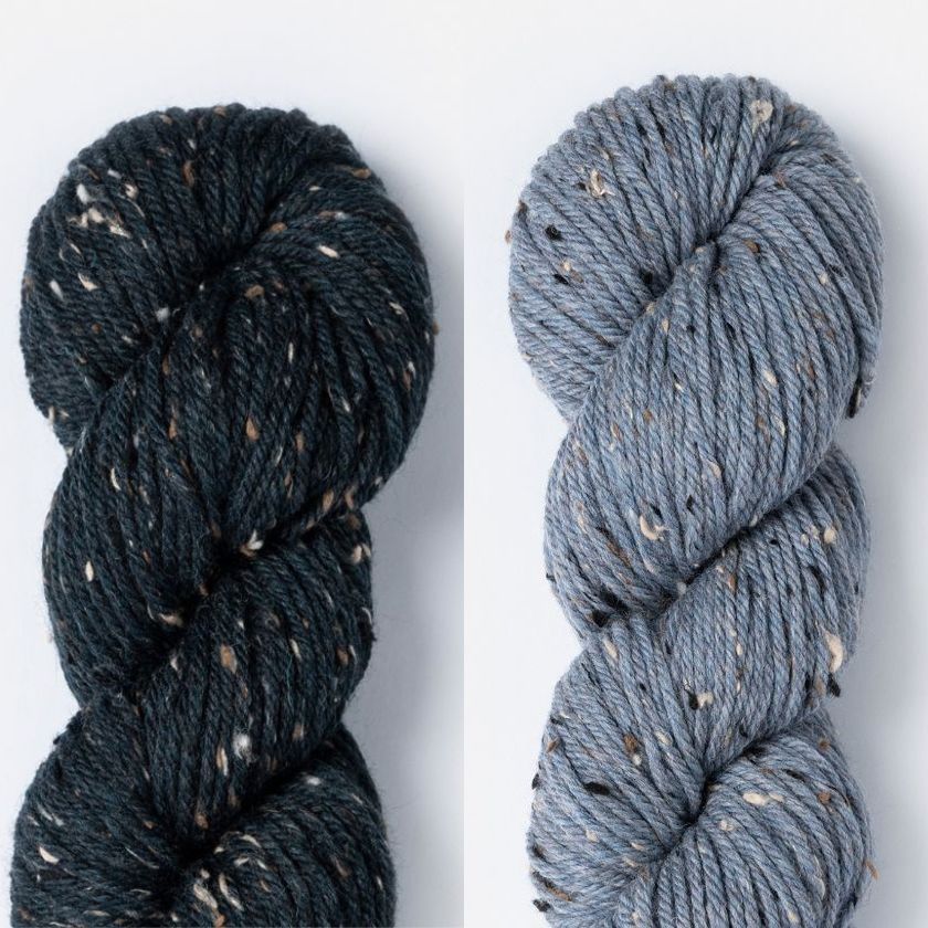 Kelso Wrap Kit color combo featuring Midsummer Night and Prairie Sky in Woolstok Tweed (Aran).