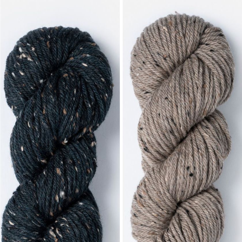 Kelso Wrap Kit color combo featuring Midsummer Night and Wild Mushroom in Woolstok Tweed (Aran).