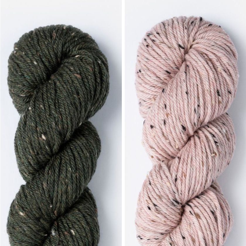 Kelso Wrap Kit color combo featuring Olive Branch and Cactus Flower in Woolstok Tweed (Aran).