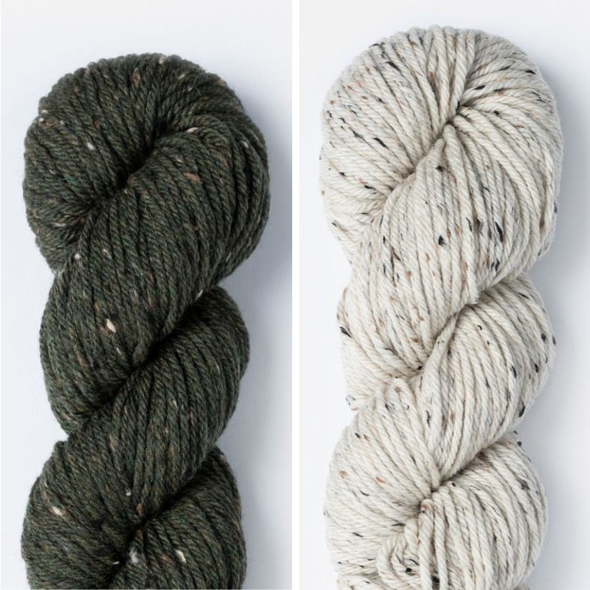 Kelso Wrap Kit color combo featuring Olive Branch and Rolled Oats in Woolstok Tweed (Aran).