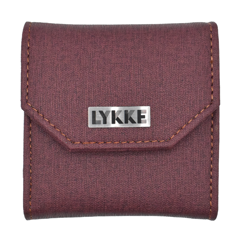 Maroon knitting needle case with 'LYKKE' branding on a white background