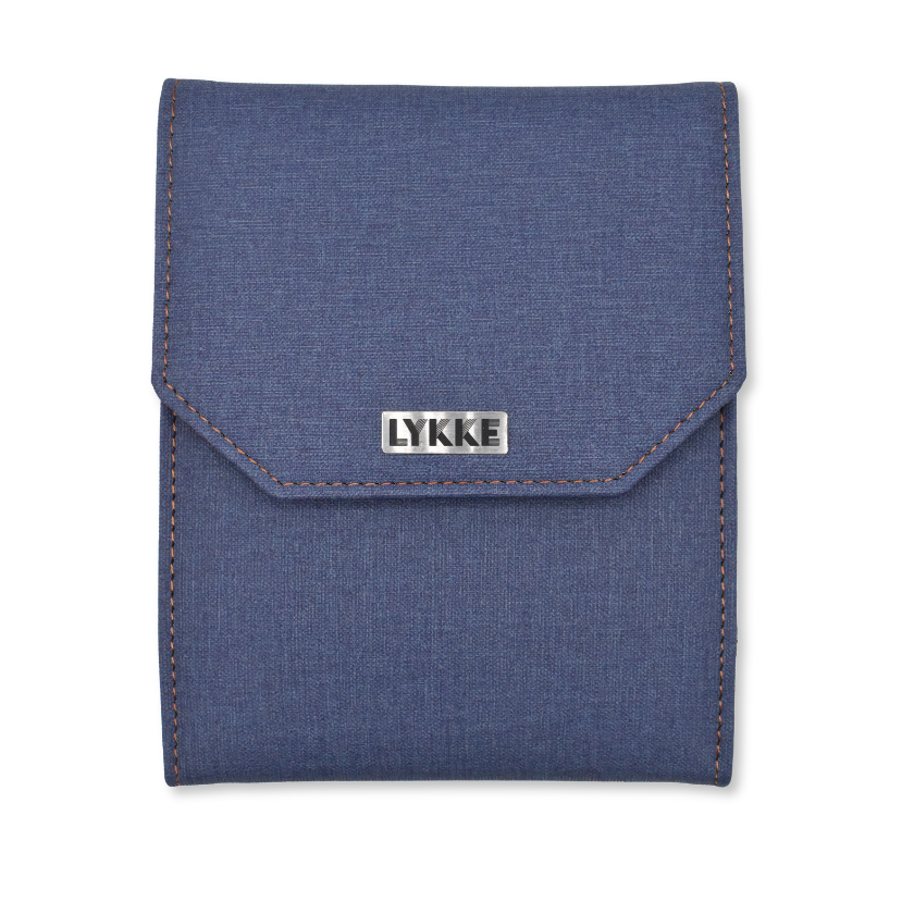 Blue denim knitting needle pouch with 'LYKKE' branding on a white background