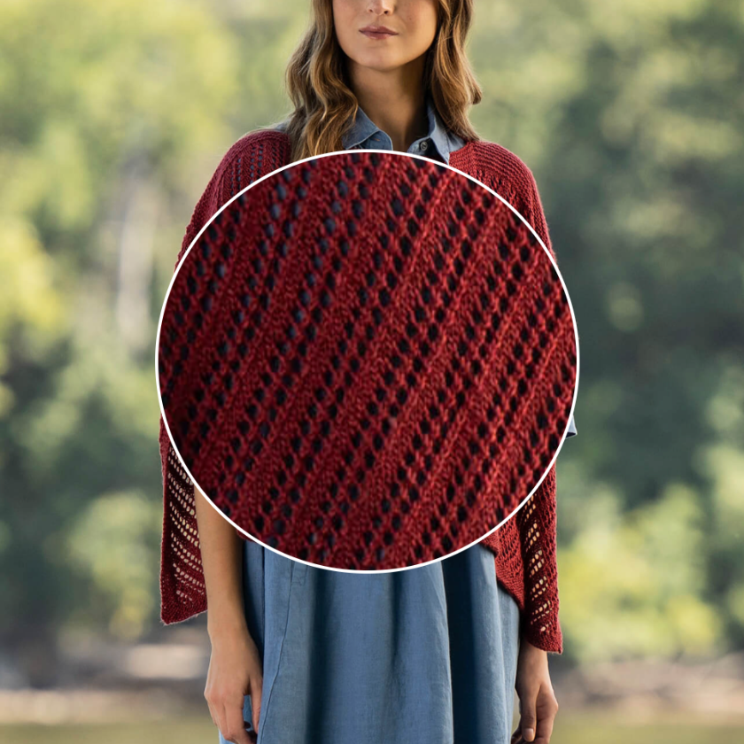 Close-up detail of the Ruby Wrap showing the lacy diagonal stitch pattern in Metalico yarn.