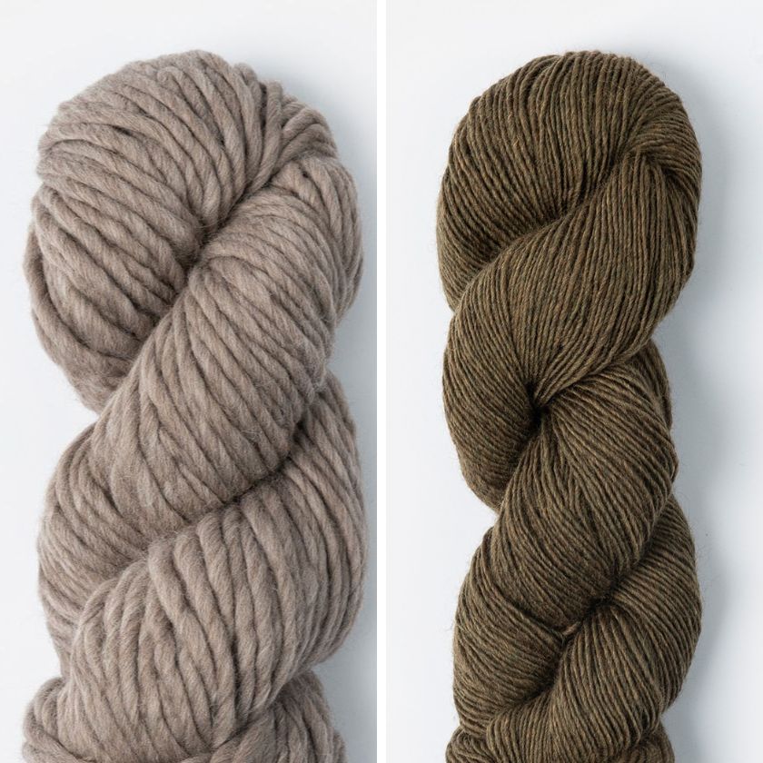 Two skeins of yarn for the Spangle Cowl, one brown and one mossy green, on a white background.