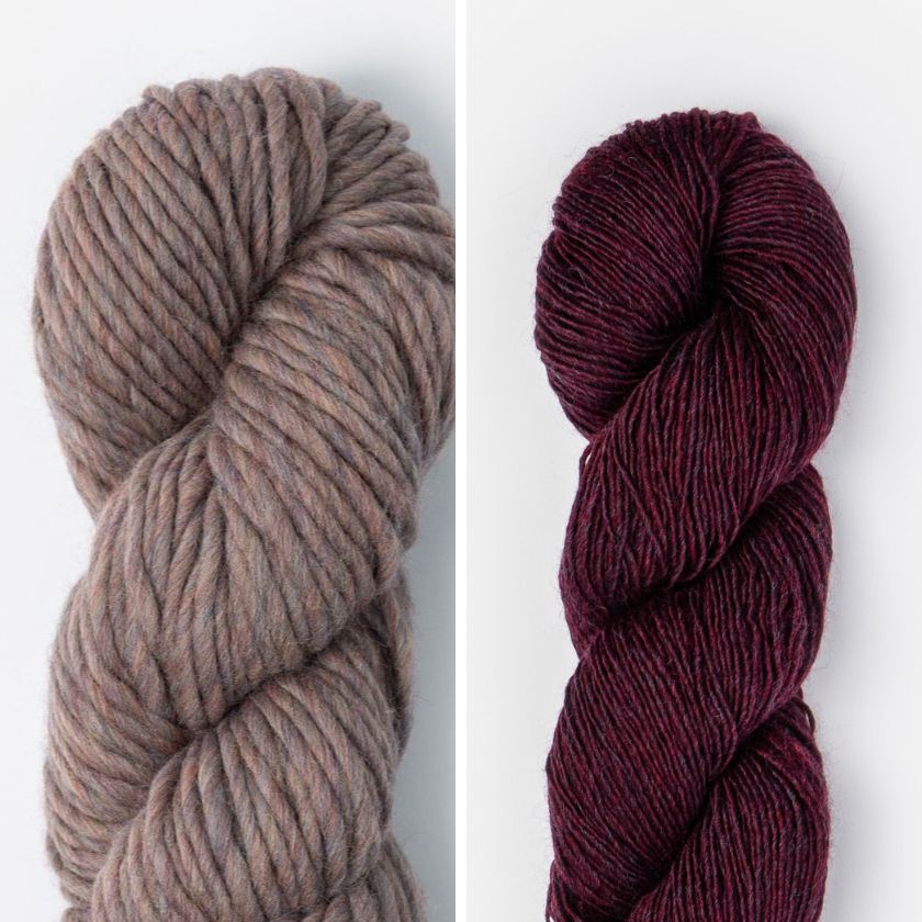 Two skeins of yarn for the Spangle Cowl, one beige and one deep maroon, on a white background.